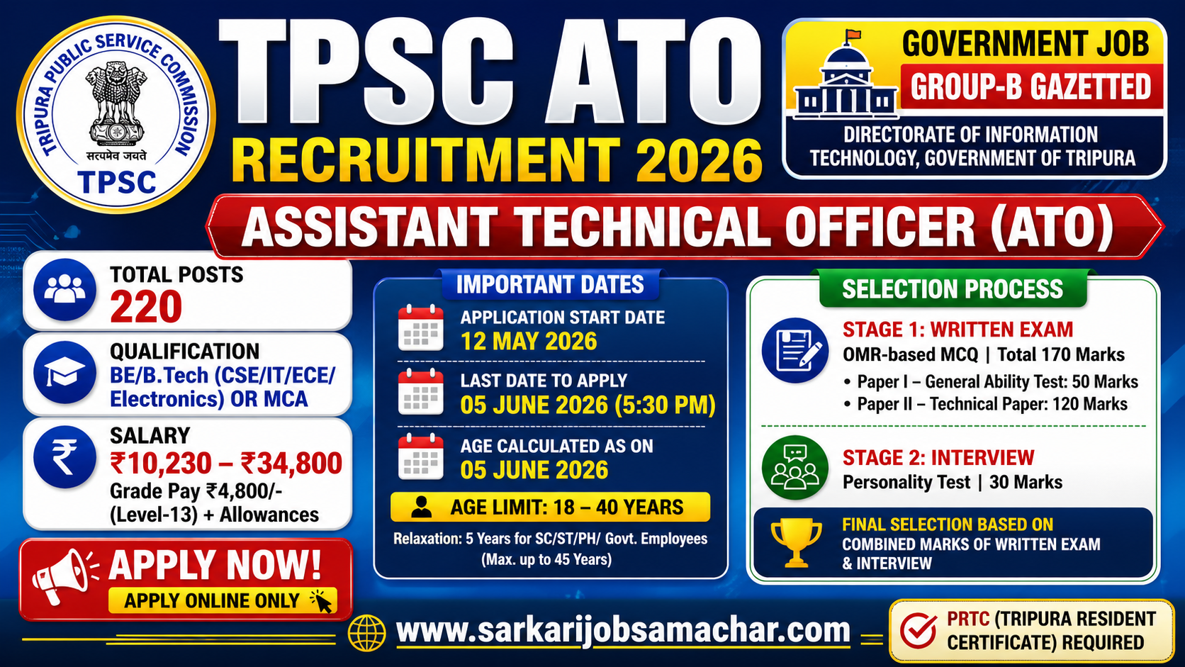 Tripura PSC ATO (Assistant Technical Officer) Recruitment 2026 - Apply Online for 220 Posts